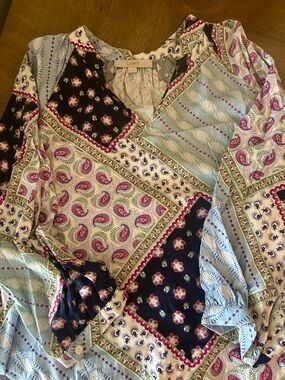 LOFT Multi-Print Paisley Patchwork V-Neck Tunic - Pink, Green, Blue, Black